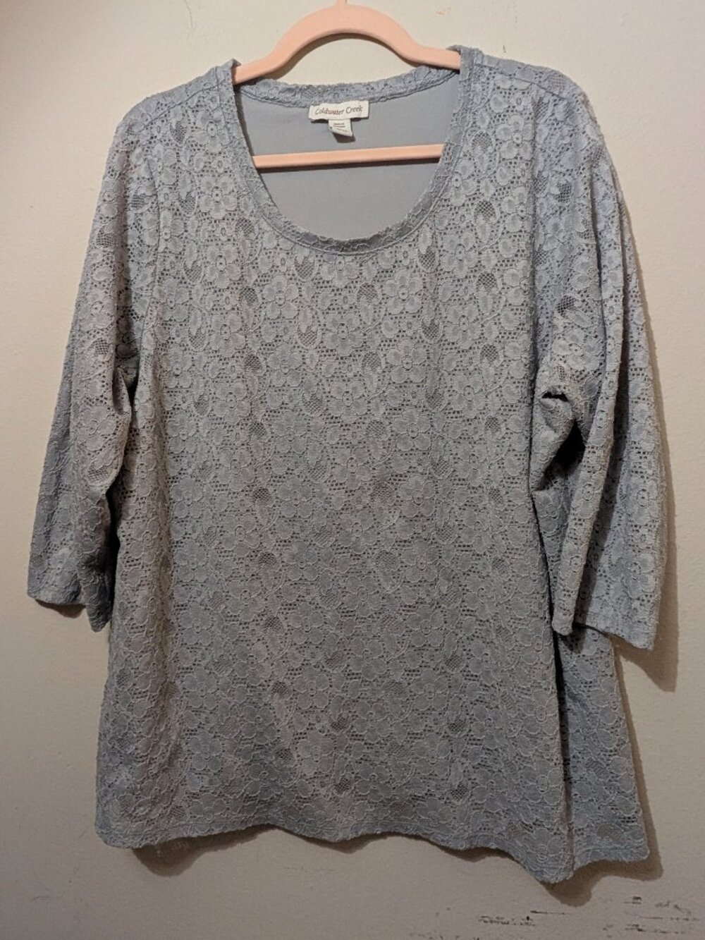 Coldwater Creek Lace 3/4 Sleeve Blouse Greyish Blue Size 2X